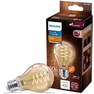Philips LED 60W A19 1-Pack Vintage Edison Spiral Amber (2000K) 400 Lumen (6.5W = 60W) Dimmable Flicker-Free Light Bulb