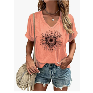 Womens Flowers V Neck Shirt Vintage Boho Floral Wildflowers Graphic Tees Casual Cottagecore Short Sleeve T Shirts, Size S