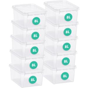 Classic 10 Clear Plastic Storage Boxes, 8L/8.5QT BPA-Free Stackable and Nestable Container with Secure Lid, Swedish Made Plastic Bins for Organization, L13.39 x W9.84 x H6.3-10 Pack