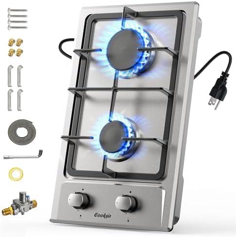 Cooksir Gas Cooktop 2 Burner - 12 Inch Built-in 2 Burner Propane Stove, NG/LPG Convertible Stainless Steel Gas Stovetop with Flame Out Protection for Apartment, Kitchen, RV, Dorms, 110V Plug in
