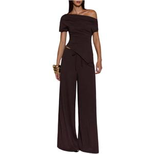 SweatyRocks Women's Off Shoulder 2 Piece Outfits Asymmetrical Ruched Short Sleeve Tops and Wide Leg Pants Matching Sets (Large, Brown)