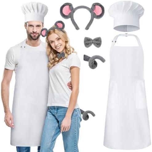 XLSXEXCL 5-Piece Ratatouille Couple Costume Set for Adults, Chef Mouse Costume Accessories with Adjustable White Apron, Hat, Bow Tie, Mouse Headband and Tail for Halloween Cosplay
