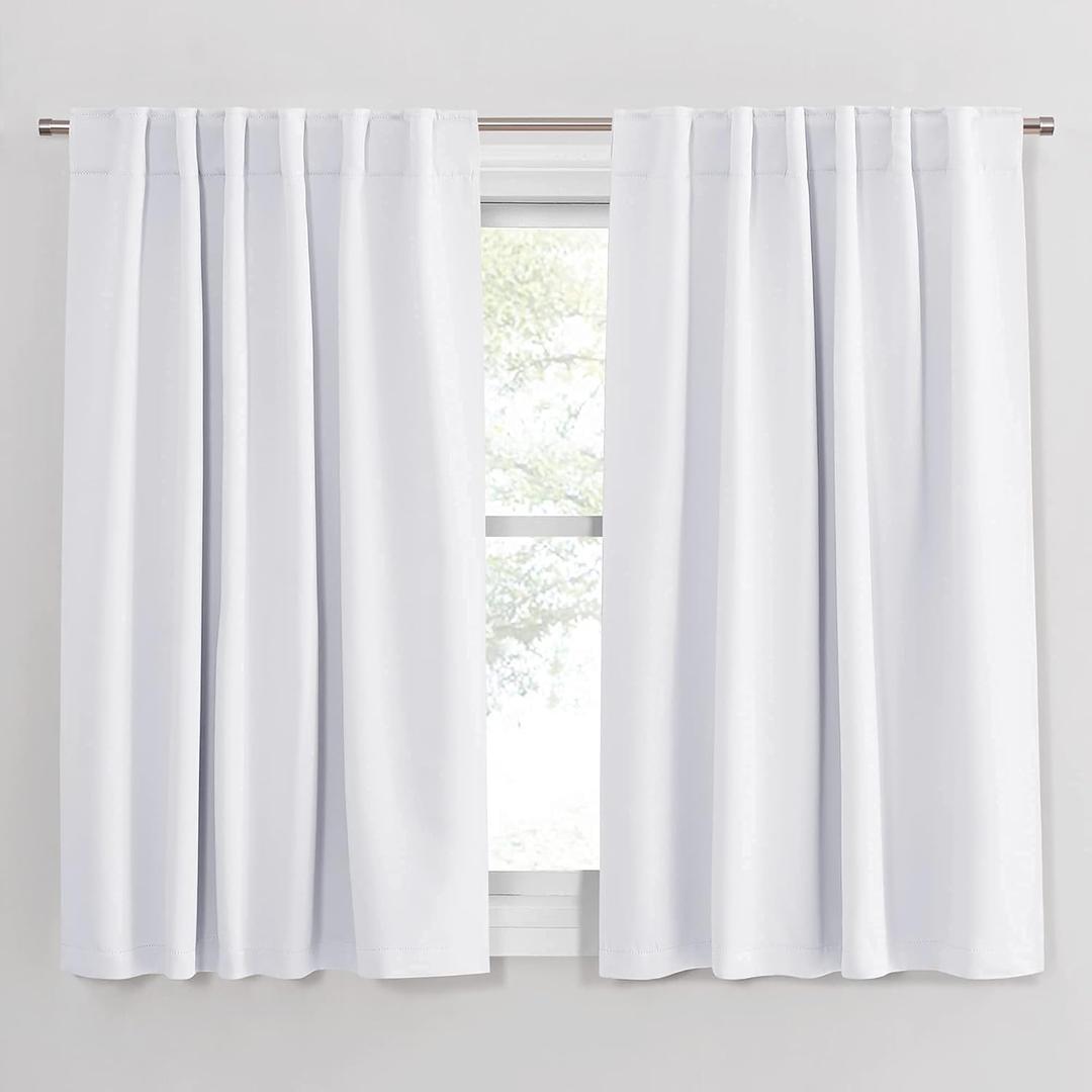PONY DANCE White 50% Lighting Blocking Curtains for Kitchen, Short Non-See-Through Thermal Insulated Room Darkening Back Tab Small Drapes for Nursery Bedroom Window, W52 x L45, Pure White, 2 Panels
