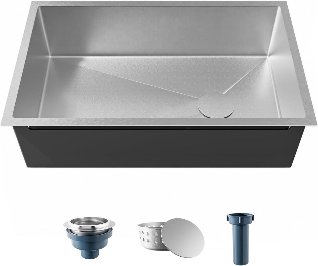 30 Inch Undermount Kitchen Sink 18 Gauge 304 Stainless Steel Single Bowl Sinks Handmade Modern Sink for Kitchen with Drain Assembly, 30"x18"x9"