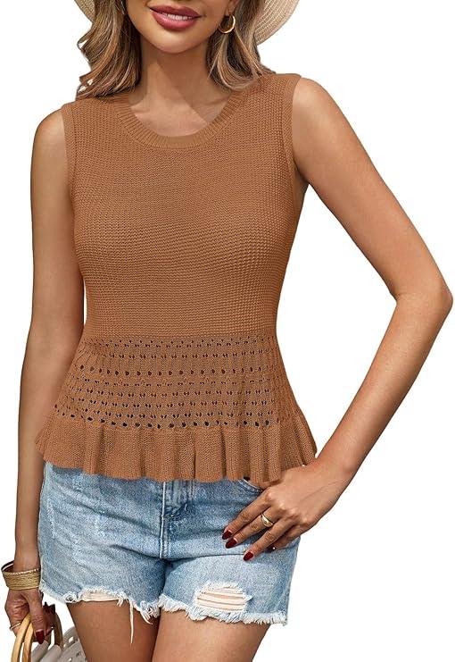 Saodimallsu Womens Crochet Crop Tank Tops Sleeveless Crew Neck Ruffle Summer Boho Knit Sweater Vest, XL