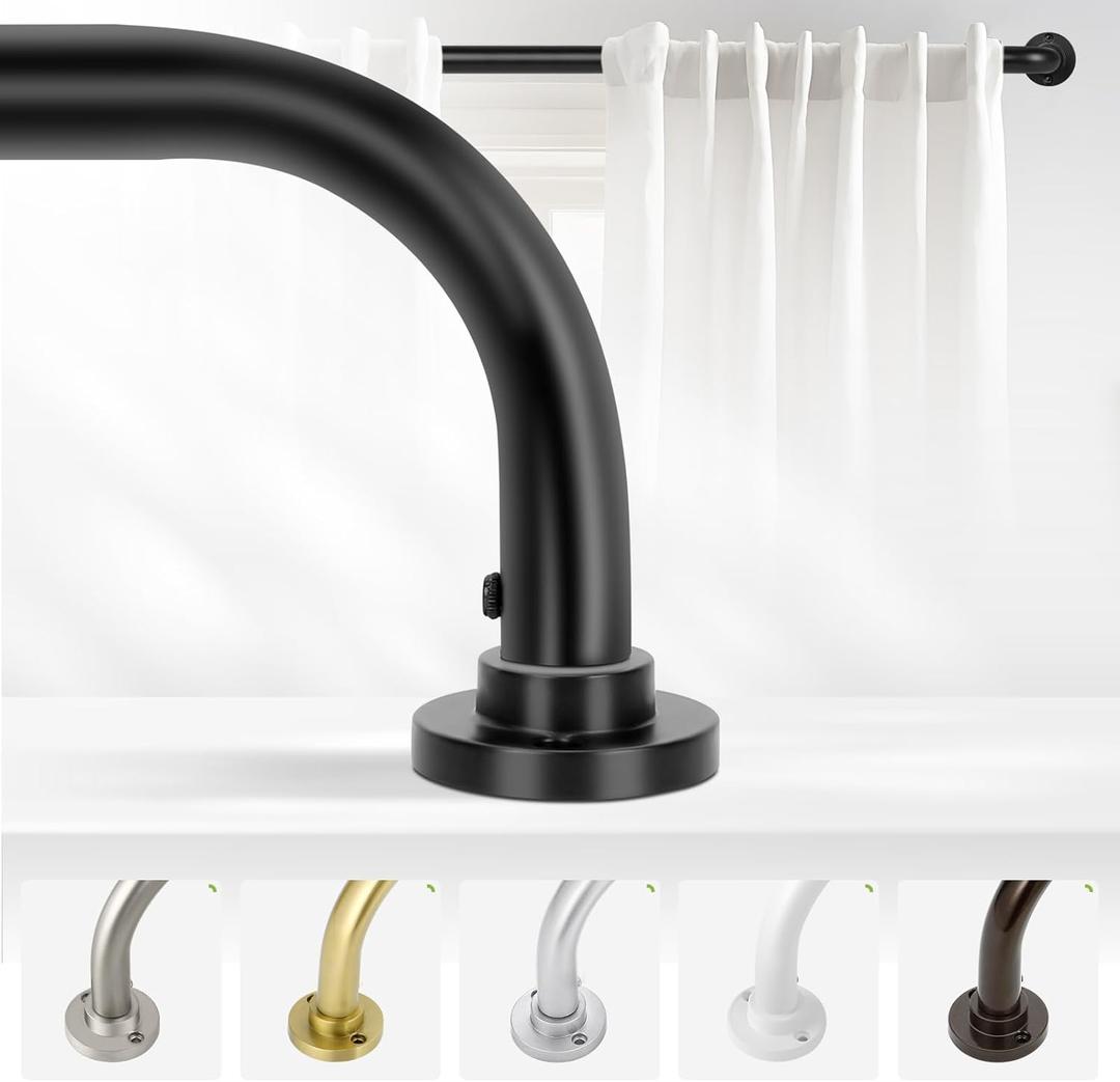 Black Wrap Around Curtain Rods 48 to 90 Inch:Blackout Heavy duty Adjustable Window Curtain Rod for Bedroom,Industrial Darkening Curved French Metal Single Drapery Rods Easy Install,Matte Black