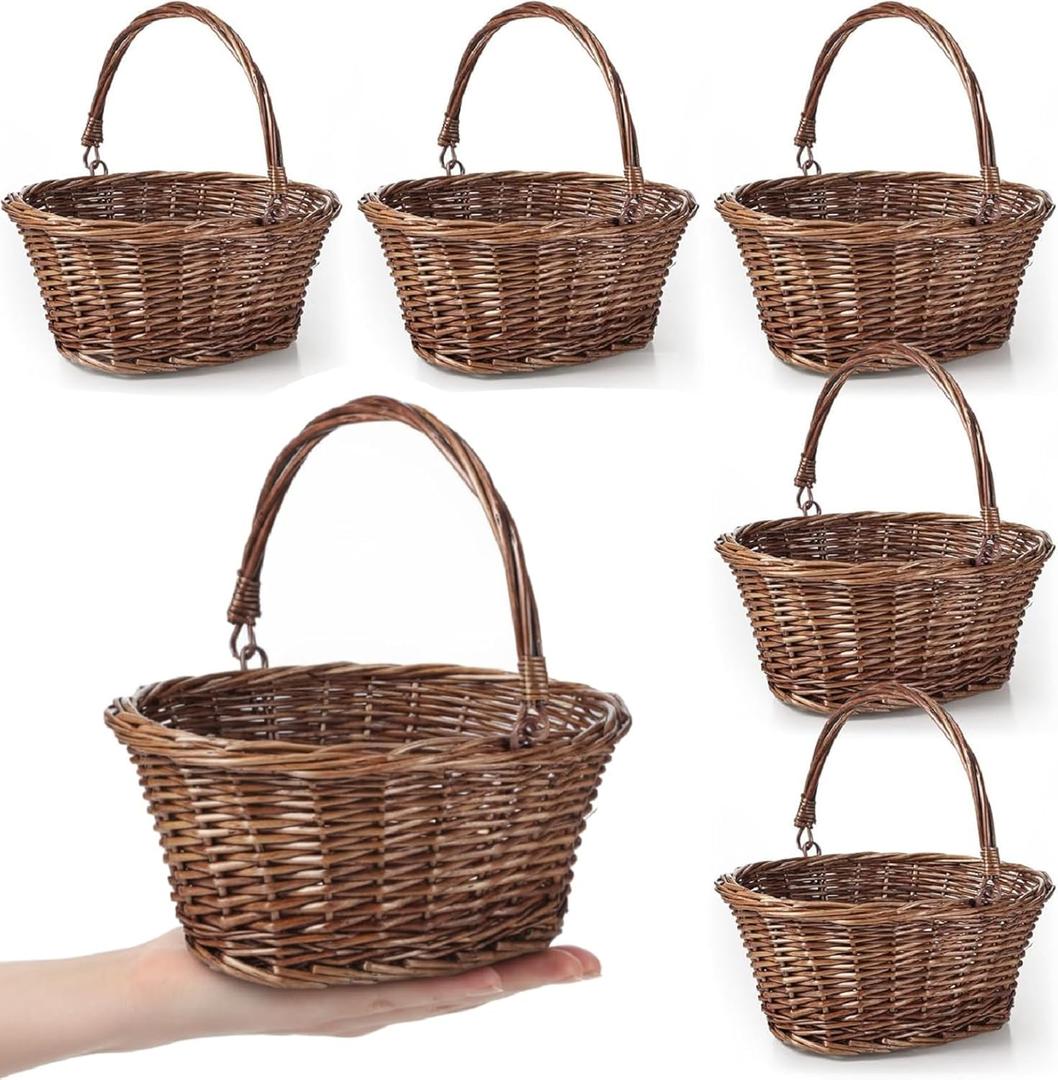 Barydat 6 Pcs Small Wicker Picnic Basket with Handle Flower Girl Baskets Oval Willow Woven Braided Gift Basket for Easter Weddings Baby Shower Home Garden Decor(9" X 7" X 4",Brown)