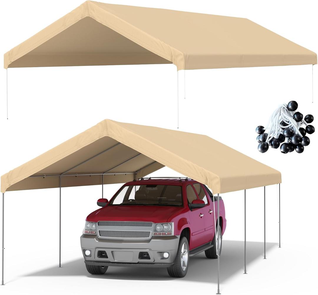 12x20 FT Carport Replacement Canopy Top Upgraded Car Port Canopy Cover for Carport Party Tent Waterproof & UV Protected, Easy Installation with Ball Bungees,Beige(Frame Not Included)