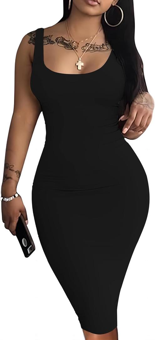 Nimsruc Women Casual Sexy Tank Top Bodycon Dress Summer Pencil Sleeveless Basic Midi Club Dresses (Black, S)