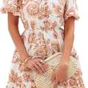 BTFBM Women Summer Floral Short Dresses V Neck Short Sleeve Tiered Ruffle Boho Swing Dress A-Line Mini Dresses (Large, White Apricot Floral)