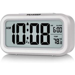 Peakeep Night Light Digital Alarm Clock Battery Operated with Indoor Temperature, Desk Small Clock (White)