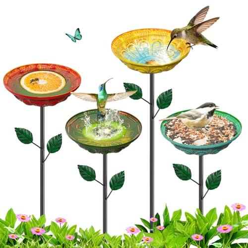 VeyFolzin.st 4PCS Flower Bird Baths for Outdoors, 5.9" Metal Hummingbird Bath with Adjustable Stake, Colorful Garden Birdbath Decor Set for Outside Yard Lawn Patio﻿(Datura)