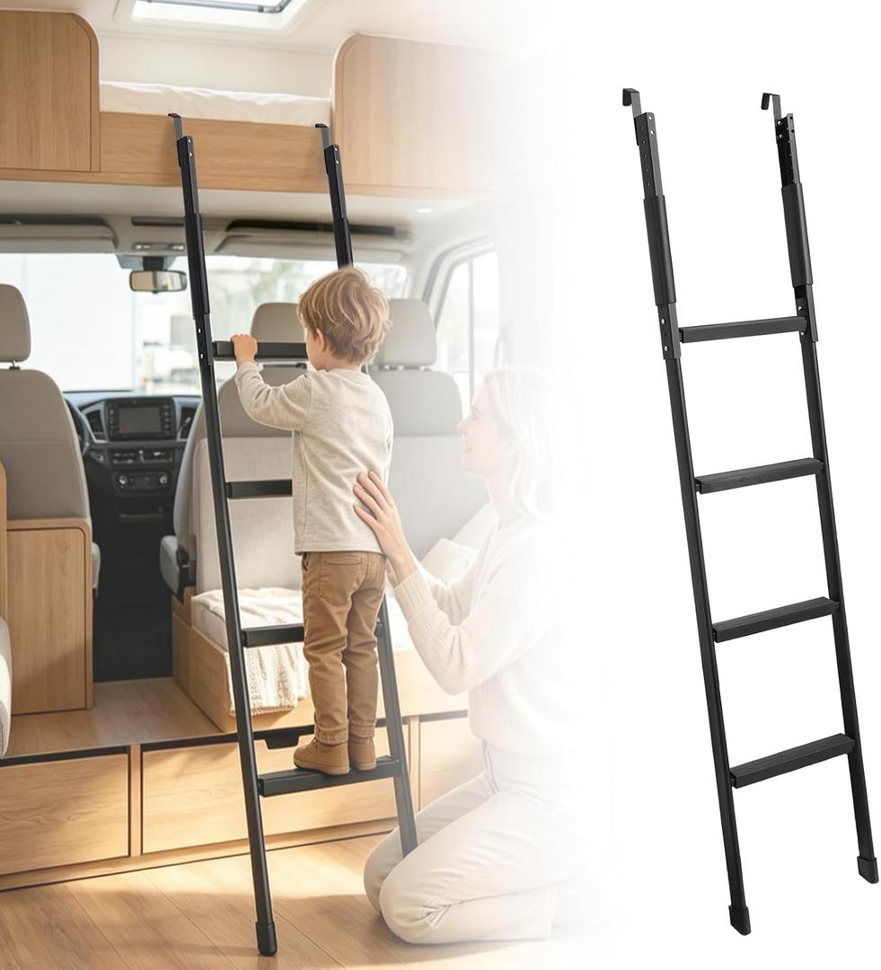 Adjustable 52-64 Inch RV Bunk Ladder, 350 LBS Capacity – Camper Bunk Ladder with Non-Slip Rubber Steps & Metal Hooks, Bunk Bed Ladder for RV, Camper, Dormitory & Kids Rooms