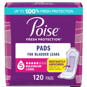 Poise Incontinence Pads & Postpartum Incontinence Pads, 5 Drop Maximum Absorbency, Long Length, 120 Count (4 Packs of 30)