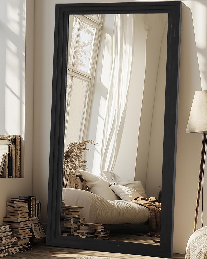 Full Length Mirror, 76"34" Wooden Mirror Full Length with Stand Wood Floor Mirror, Oversized Stand Up Mirrors Large Wall Mirrors, Wall Mounted Mirrors, Rect Vintage Style, Black