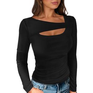 ANRABESS Womens Cutout Tops Trendy Sexy Long Sleeve Shirts Ribbed Slim Fit Tee 2025 Fall Fashion Going Out Tshirts Clothes (Black) X-Large