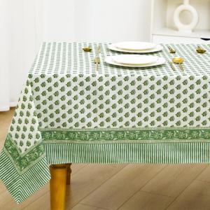 Newtay 60'' x 90'' Hand Block Print Mahjong Table Cloth Square Cotton Floral Tablecloth Washable Print Rectangle Table Cover with Dust Proof for Kitchen Dining Party(60'' X 90'',Emerald Green,Green)