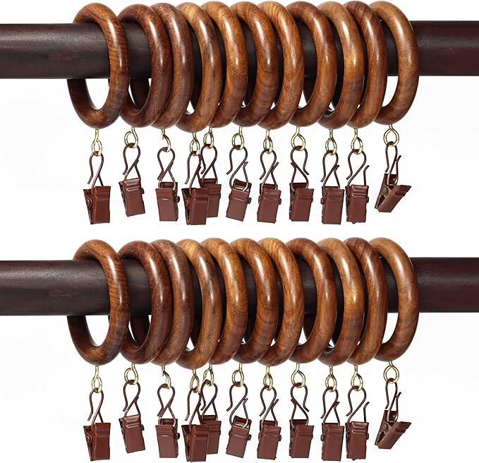 24 Pcs Curtain Rings with Clips Wooden 2.5 inch outer Dia for 1 inch Rod Pole, Window Shower Curtain Hooks, Wood Curtain Rod Wood Curtain Rings with eyelet, Drapery Rings.(24, 1.75 INCH INNER DIA)