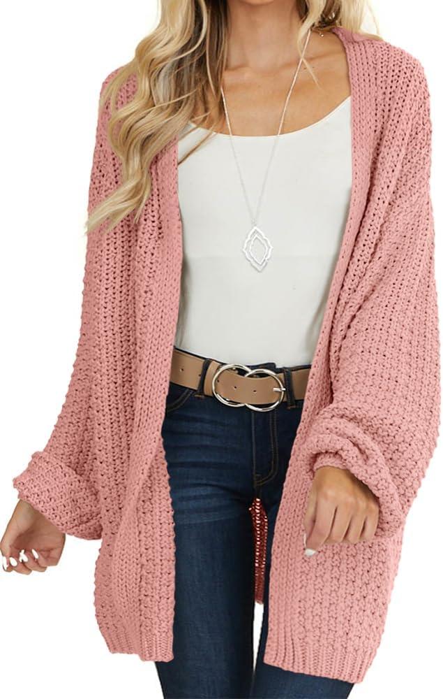 Maroway Womens Cardigan Solid Color Long Sleeve Open Front Chunky Knit Sweater Outwear (Medium, Light Pink)