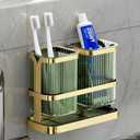 Toothbrush Holders for Bathrooms, Toothbrush Holder Wall Mounted, Kitchen Utensil Holder, 2 Cups Dry & Wet Separation, Kitchen Bathroom Tooth Brush Holder Organizers and Storage (Green Gold)