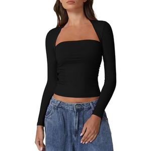 QINSEN Long Sleeve Square Neck Tops for Women Double Lined Side Ruching Going Out Shirts Basic Tee Medium