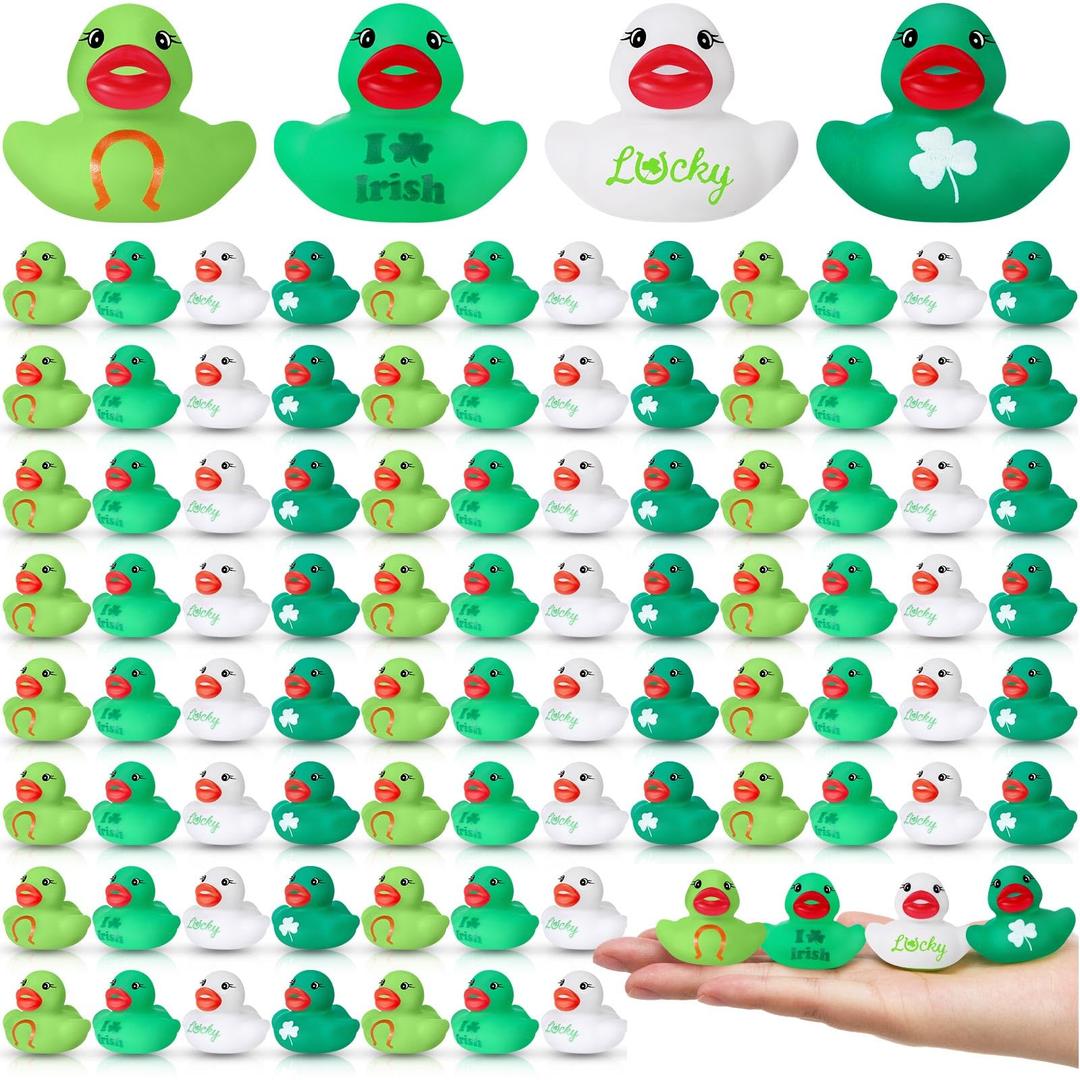 Jenaai 100 Pcs St Patrick's Day Rubber Ducks Assorted Shamrock Rubber Duck Bulk Mini Pool Ducks Toys for Party Favors Classroom Exchange Gifts