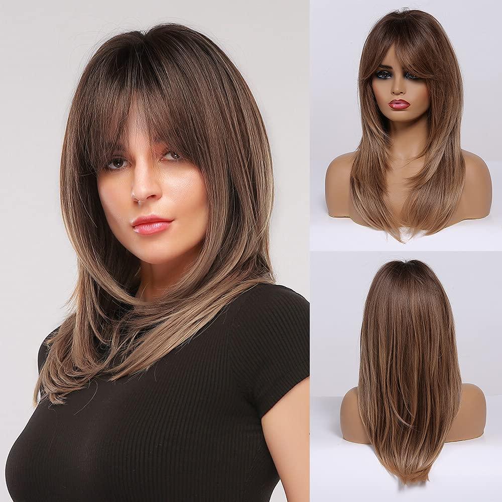 Long Ombre Brown Wigs with Bangs for Women Synthetic Hair Wig Natural Looking Heat Resistant Wavy Wigs