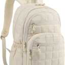 Cute School Backpacks for Teen Girls, 15.6in Laptop Backpack for College Women Bookbag Quilted Computer Bag for Work Casual, Beige