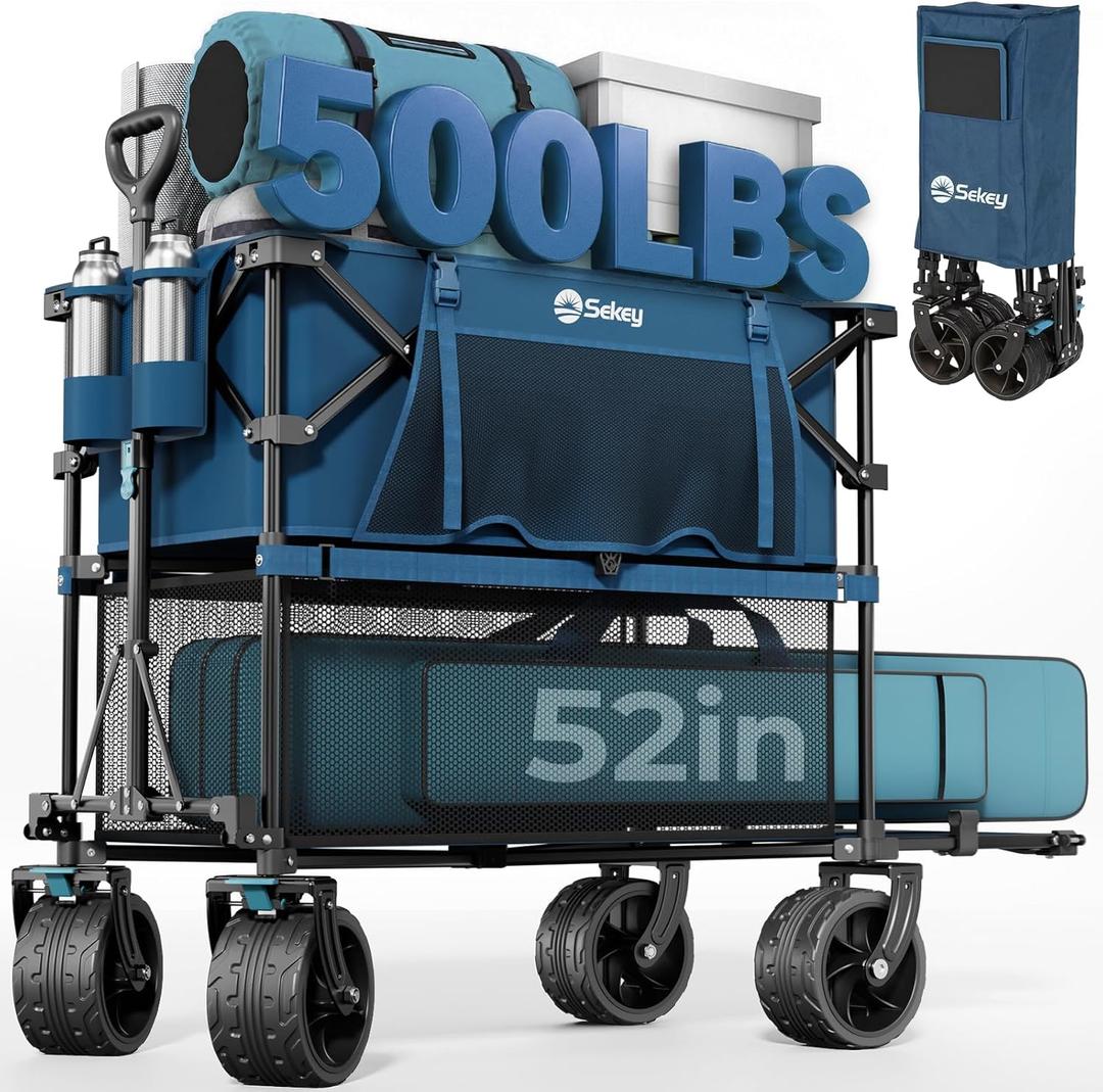 Sekey 500LBS Heavy Duty Double Decker Wagon with Extender, 400L Large Capacity Collapsible Garden Cart Fits 10x10 Canopy, All-Terrain Big Wheels with Brakes, Foldable Utility Wagon for Sports, Camping (Amber Blue)