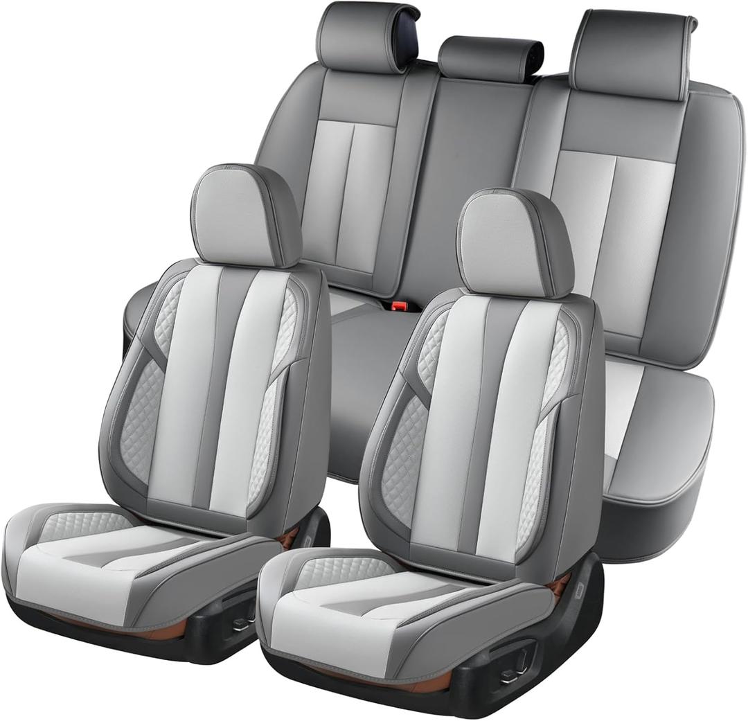 KEYOOG 5-Seater Car Seat Covers Full Set Waterproof and Breathable Nappa Leather, Fit for Front and Rear Seats of Cars, Compatible with Airbags, Car Seat Protector Covers for Most Cars - Light Gray