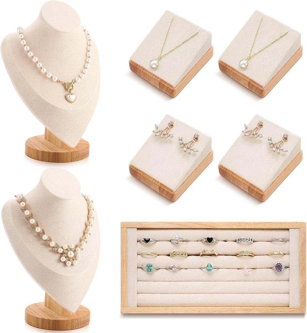 RattanView 7 Pcs Jewelry Display Set for Vendors Velvet Necklace Bust Display Stand Earring Ring Organizer for Craft Shows, Trunk Shows(Beige)