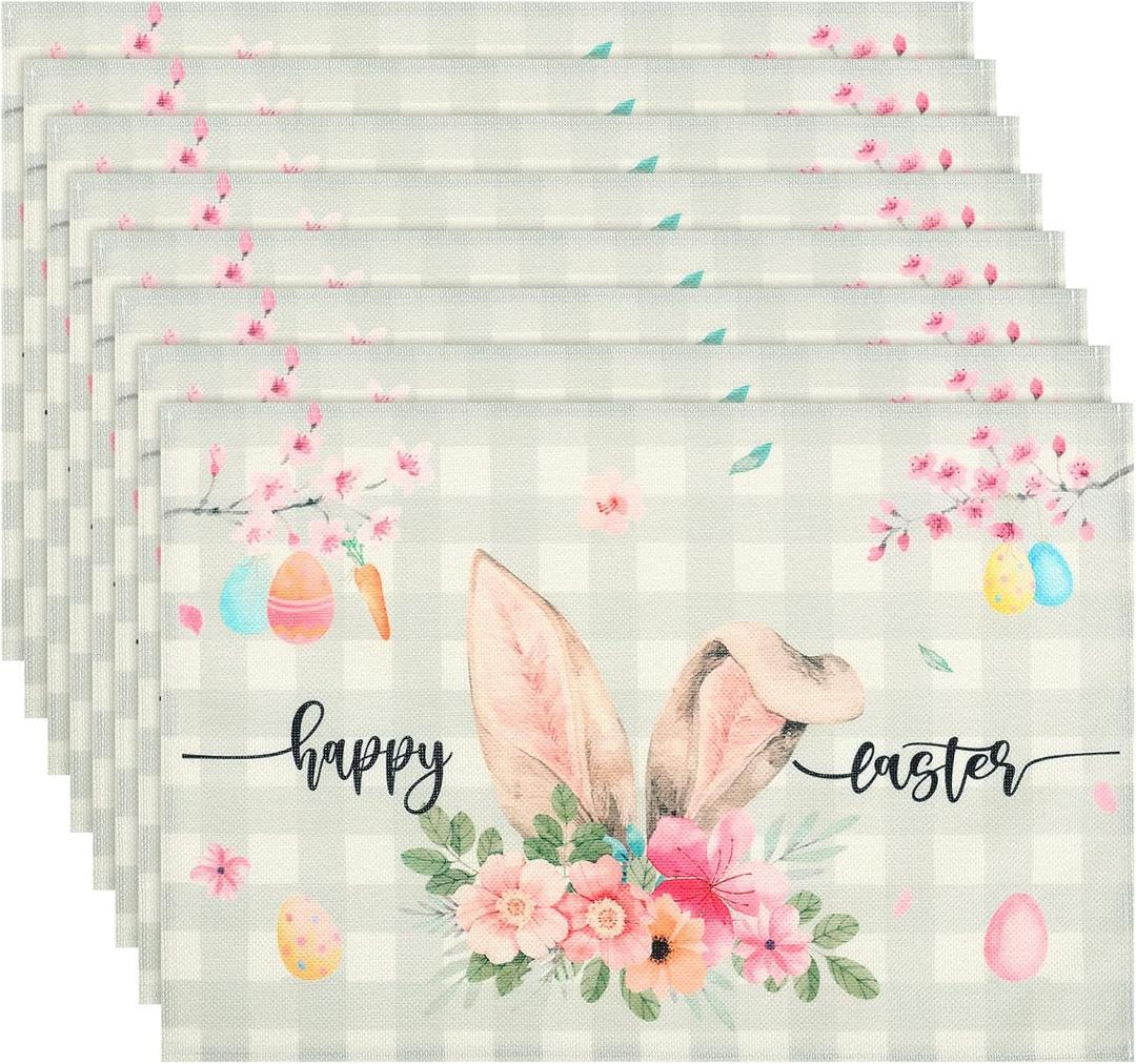 8 Pcs Happy Easter Placemats Set, Spring Floral Bunny Place Mats Farmhouse Table Mats Decor for Home Decorations Indoor, 12 x 18 Inches
