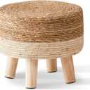 Cpintltr Foot Stool Natural Seagrass Hand Weave Poufs Round Ottoman for Couch Desk Soft Step Stool Padded Foot Rest with Non-Skid Pine Legs for Hallway Office Lounge Natural/White