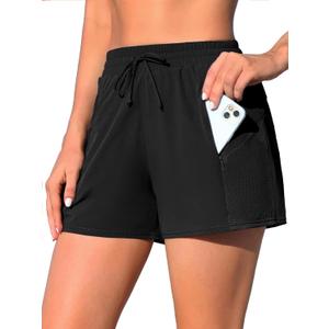 ATTRACO Women Swim Shorts Side Split Swim Trunk 2 in 1 Board Shorts with Pockets Swim Bottom (XX-Large, Black(zip Pocket))