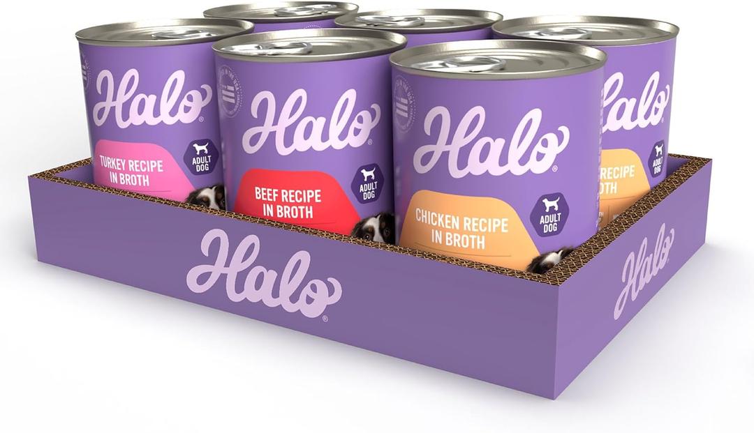 Halo Wet Dog Food Variety Pack, Three Canned Whole Meat Chicken Stew, Beef Stew, Turkey & Salmon Stew, 13.2 Oz Can (Pack of 6) Best Before 25 April 2026