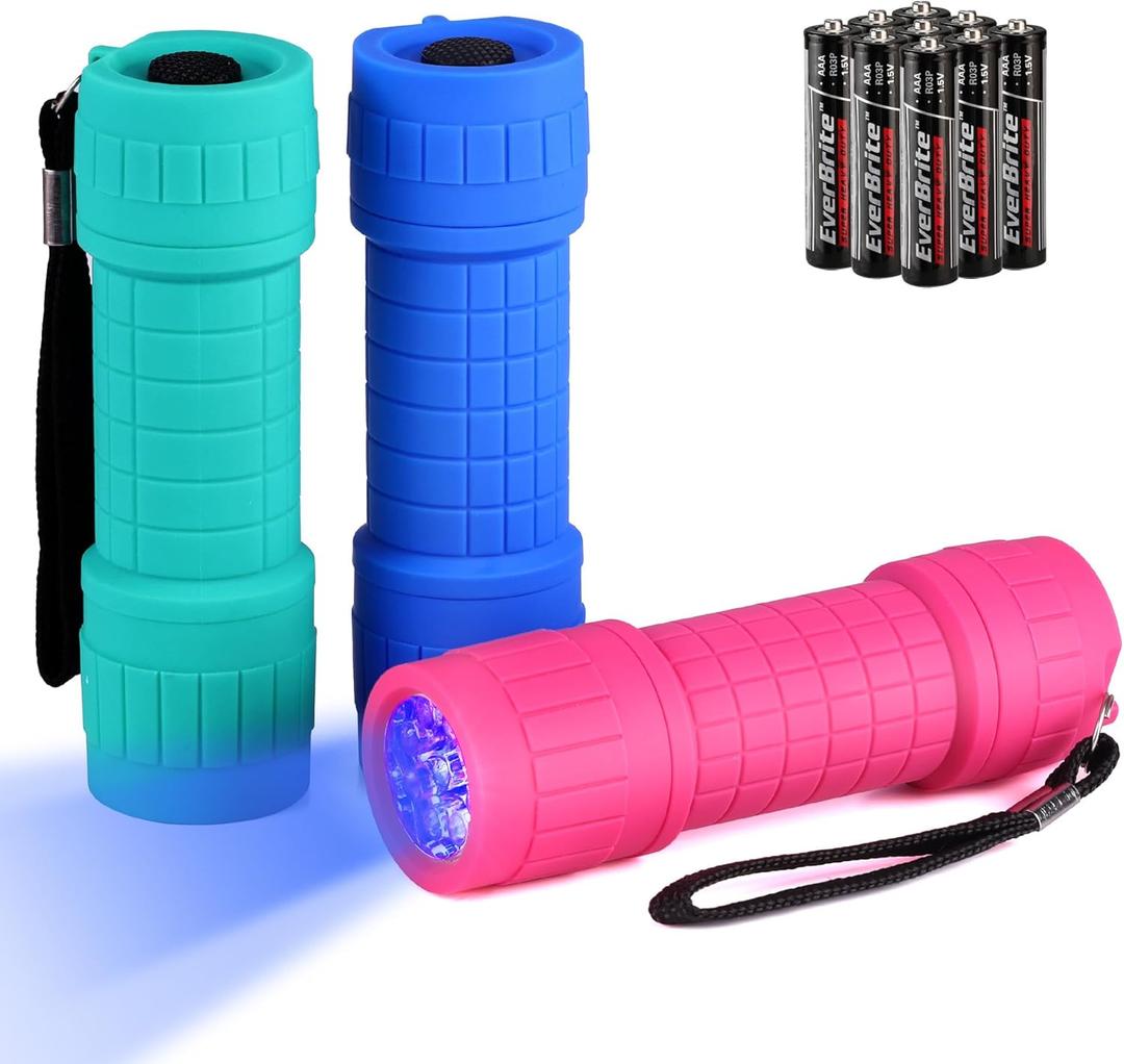 EverBrite UV Blacklight Flashlights 3-Pack Set, 9 LEDs 395nm Mini Black Light for Neon Glow Art, Class Teaching, Scorpions, Pets Stains Urine, 9 AAA Batteries Included
