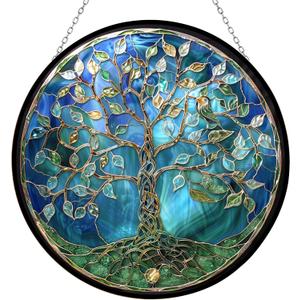 Tree of Life Suncatcher Stained Glass Window Hangings Sun Catchers Colorful Ornament Gifts for Women Mom Wife Halloween Christmas Housewarming (9.8 inches)