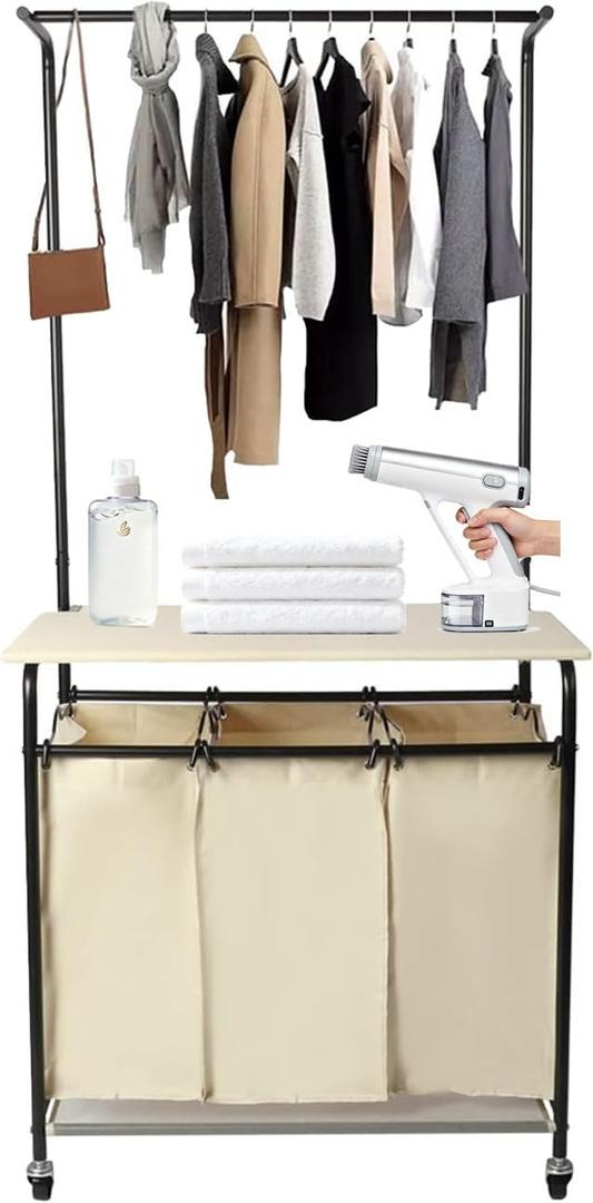 tonchean Laundry Hamper, 3 Section with Ironing Board, Removable Hanging Bar & Bags, Rolling Laundry Cart, 59"H x 29"L x 17"W, Yellow