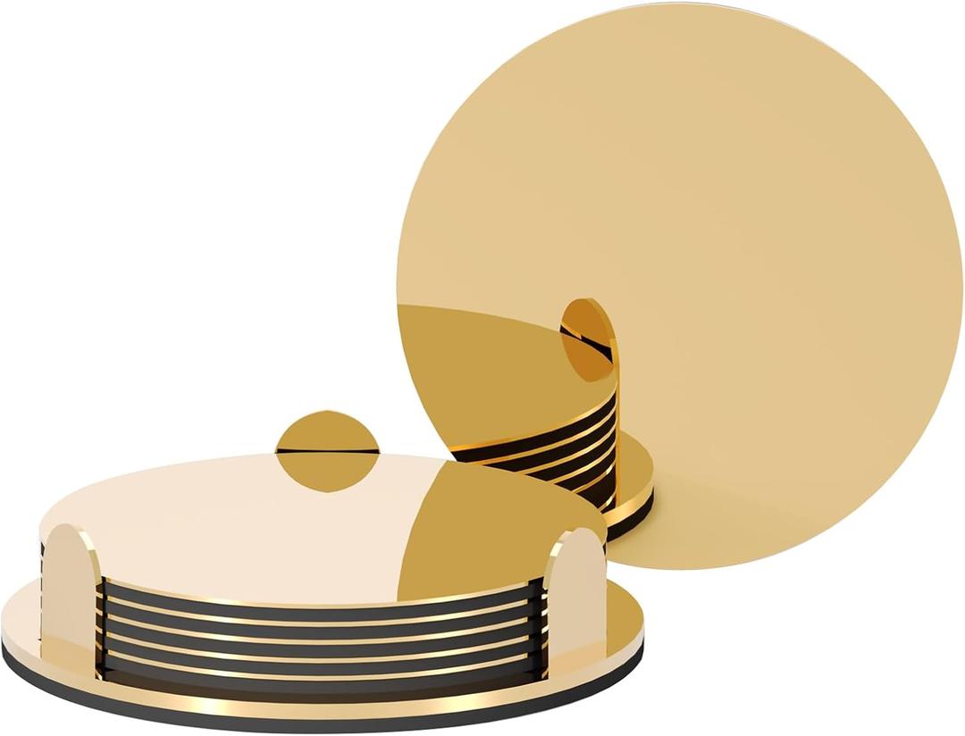 Gold Stainless Steel Coasters with Holder, Modern Mirror Drink Coaster Set of 6, Unique Round Cup Coasters with Non-Slip EVA Base, Housewarming Dcor for Coffee Bar and Dining Table