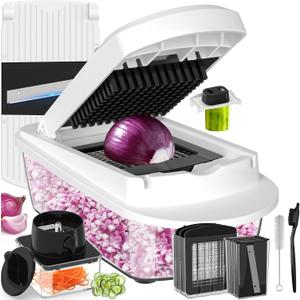 12 Blade All-in-1 Vegetable Chopper Mandoline Slicer with Container, Spiralizer with Containers, Food Chopper, Onion Chopper, Veggie Cutter for Salad, Kitchen Gadgets Accessories Essentials, White