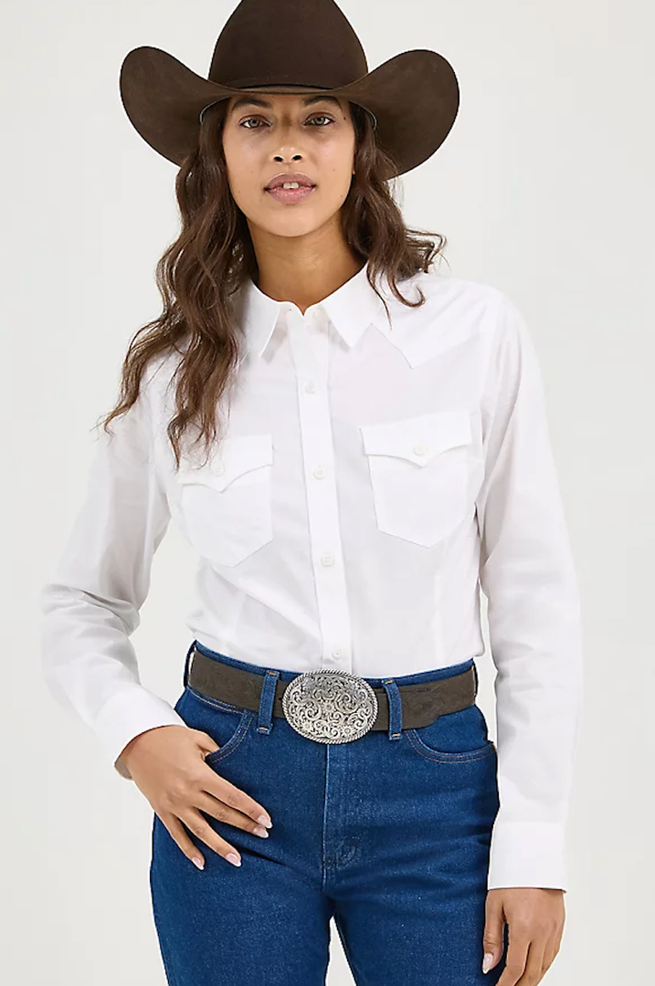 Women's Retro Long Sleeve Cool Blue Solid Shirt WRANGLER WESTERN BUTTON DOWN SHIRT L