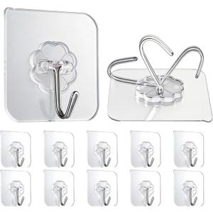 10 Pack Heavy Duty Self Adhesive Wall Hooks, Holds 33lb Max - Transparent Waterproof & Oilproof Hooks for Bathroom, Kitchen, No Drilling Strong Adhesive Holds Towels, Robes, Coats, Utensils