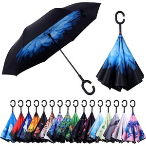 Inverted Umbrella, Windproof Reverse Umbrellas for Rain with Reversible Inside-Out Design Large Upside Down Umbrella for Women & Men with C-shaped Handle (Blue Daisy)