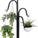 MyGift Floor Standing Planter Pot Stand, Industrial Matte Black Metal Heavy Duty Freestanding Plant Basket Hanger Rack with 4 Way Hanging Hooks