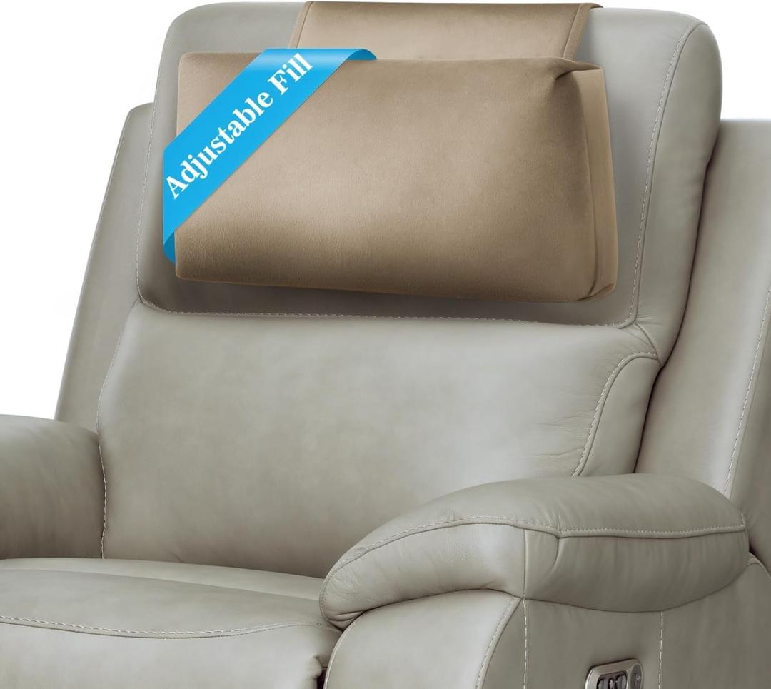 Recliner Headrest Pillow, Adjustable Comfort Neck & Head Support Pillow, Soft Velvet Non-Slip Headrest for Pain Relief & Relaxation, Ideal for Recliner, Couch, Chair, Sofa (Camel)