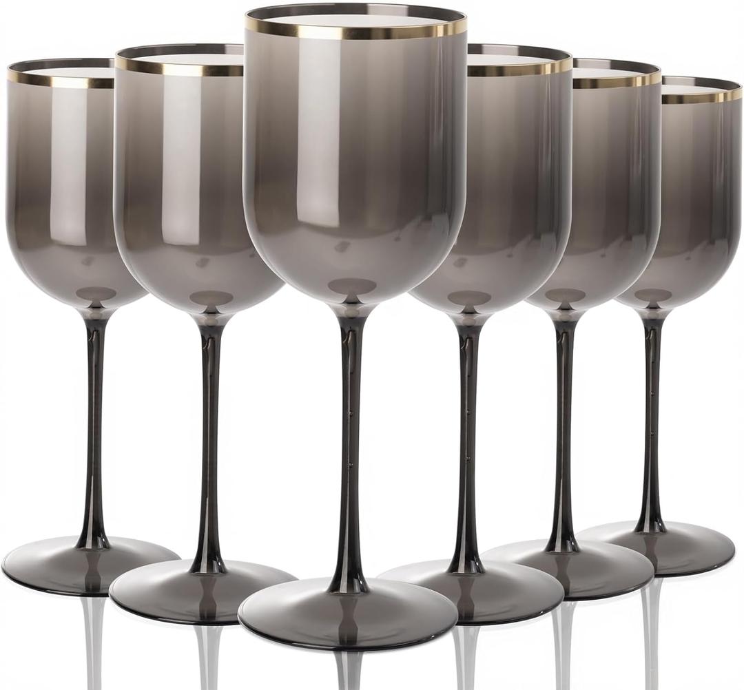 Liacere Plastic Glasses Set of 8-14oz Black Cup with Gold Rim,Dishwasher Safe Plastic Cups with Stem Reusable & Unbreakable Disposable glasses for Weddings,Parties Halloween