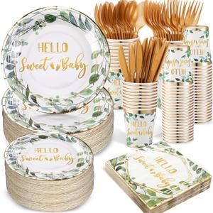 Yungyan 400 Pcs Baby Shower Dinnerware for 50 Guest Baby Shower Paper Plate Napkin Set Gender Reveal Plate Napkins Cup Footprint Disposable Knives Fork Spoon Gender Reveal (Green,Eucalyptus)