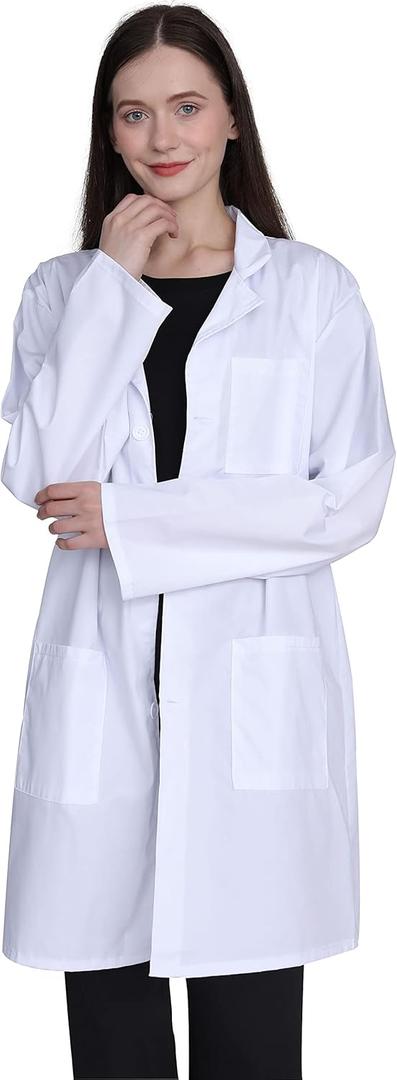 Professional Lab Coat for Women, Full Sleeve Cotton Blend Long Medical Coat White, Unisex (Small)