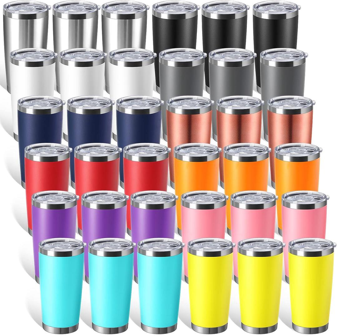 Sieral 36 Pack Stainless Steel Tumblers Bulk with Lids Double Wall Vacuum Insulated Coffee Cups Blank leakproof Powder Coated Tumblers for Engraving Wedding Graduation Party Favors(20 oz,Mixed)