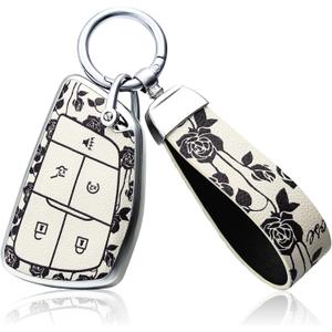 TPU and Leather Key Fob Cover Fit for Chevy Car Accessories,Remote Key Protector Compatible with2021-2023 Chevy Tahoe Suburban GMC Yukon Denali Silverado 5-Buttons (White Rose)